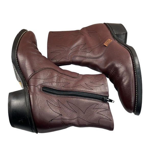 Long Haul Brown Inside Zip Western Leather Embroidered Short Boots Men's 8.5 - Picture 6 of 15